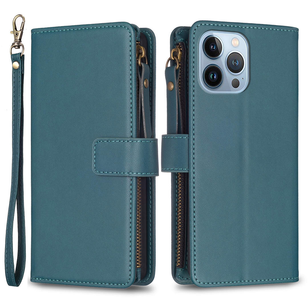 

BF Style-19 Reißverschlusspocket-ständer Hülle Für Iphone 13 Pro, Brieftasche PU Leder Schockdelie Telefonabdeckung - Grün, iPhone 13 Pro