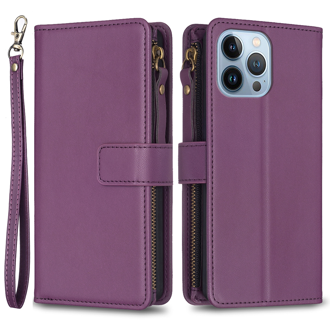 

BF Style-19 Reißverschlusspocket-ständer Hülle Für Iphone 13 Pro, Brieftasche PU Leder Schockdelie Telefonabdeckung - Dunkelviolett, iPhone 13 Pro