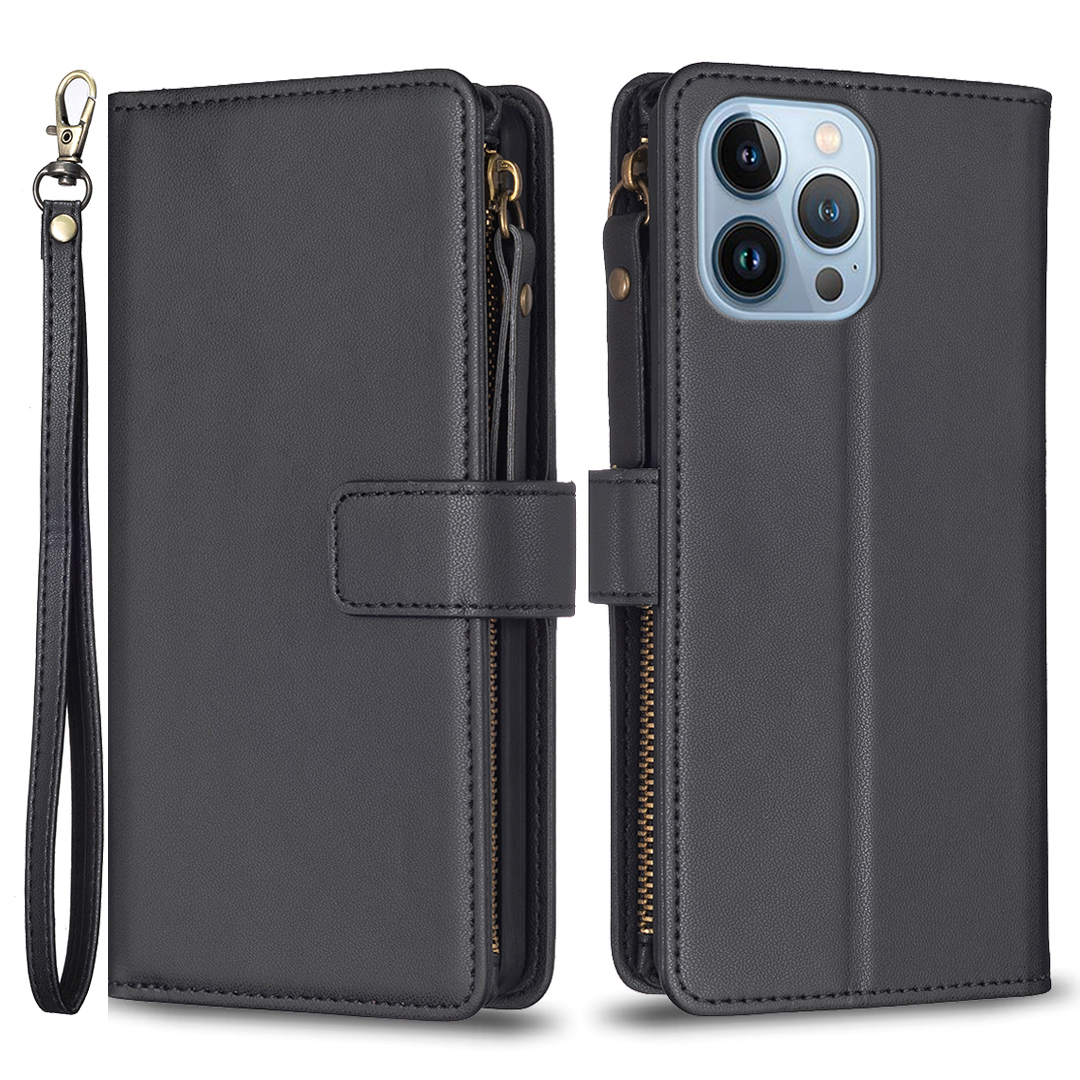 

BF Style-19 Reißverschlusspocket-ständer Hülle Für Iphone 13 Pro, Brieftasche PU Leder Schockdelie Telefonabdeckung - Schwarz, iPhone 13 Pro