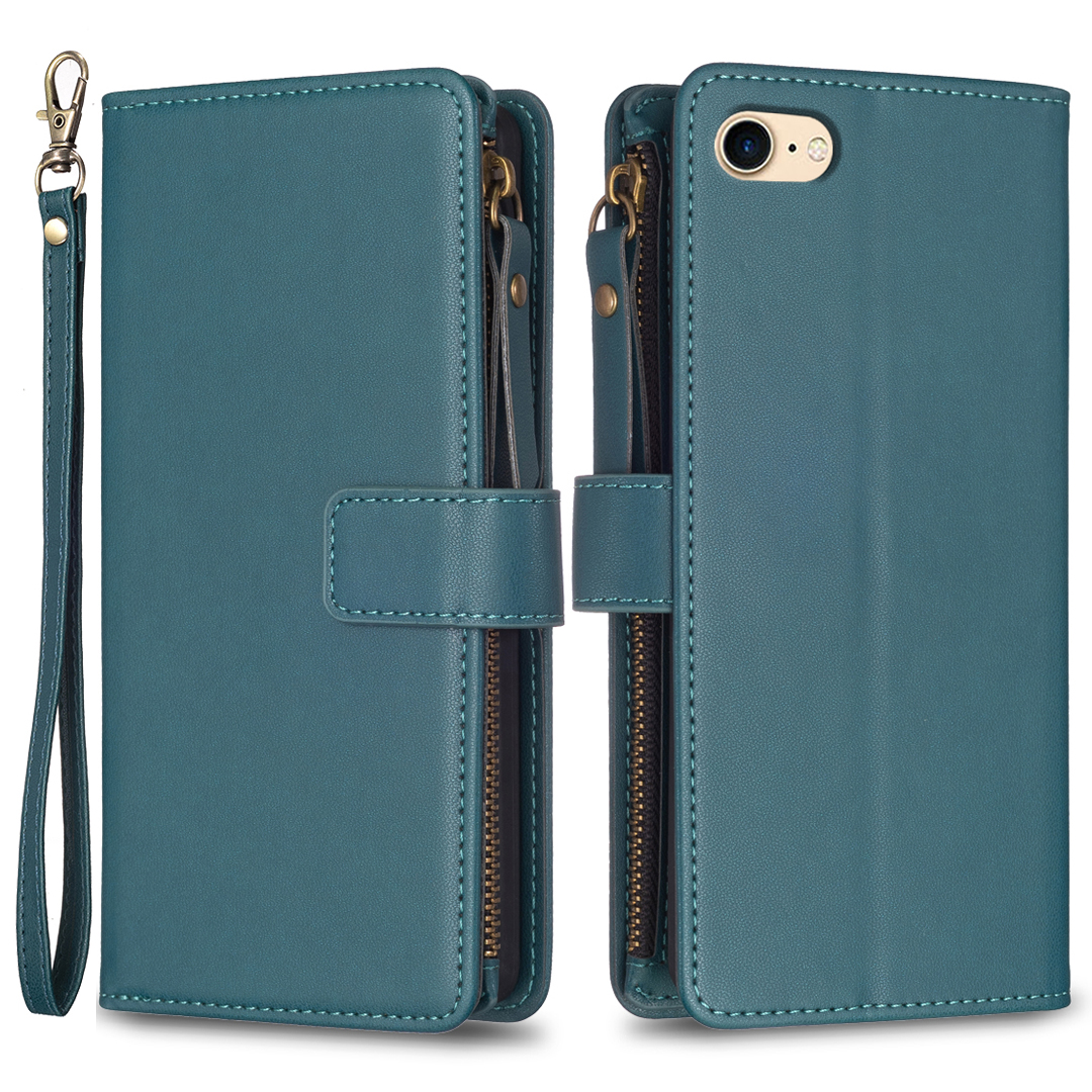 

BF Style-19 Für Iphone 6 / 6s / 7 / 8 / SE (2020) / SE (2022) PU Leather Hülle Reißverschluss Pocket Pocket Handy Stand Wallet Wallet Cover - Grün, iPhone 6 4.7-inch