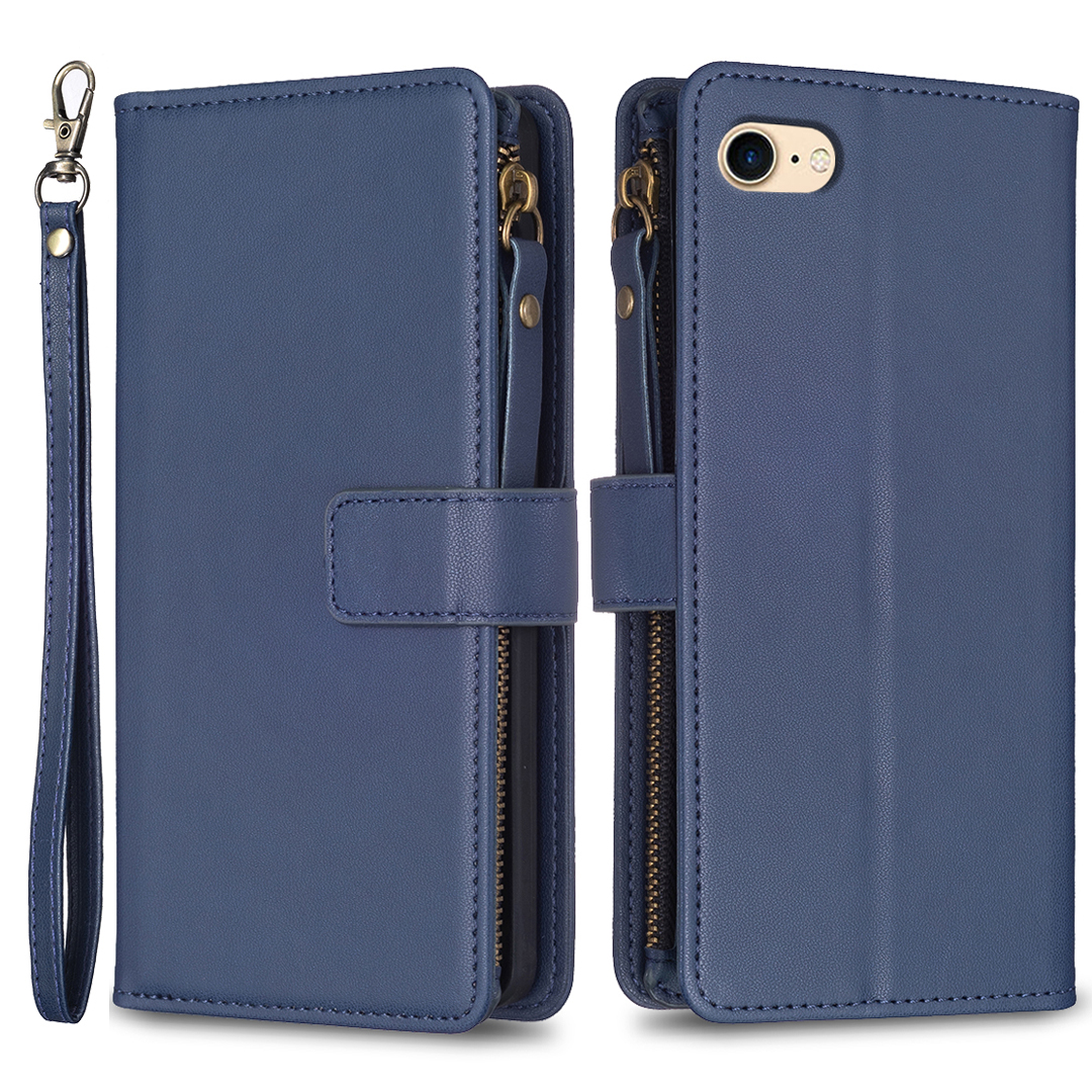 

BF Style-19 Für Iphone 6 / 6s / 7 / 8 / SE (2020) / SE (2022) PU Leather Hülle Reißverschluss Pocket Pocket Handy Stand Wallet Wallet Cover - Blau, iPhone 6 4.7-inch