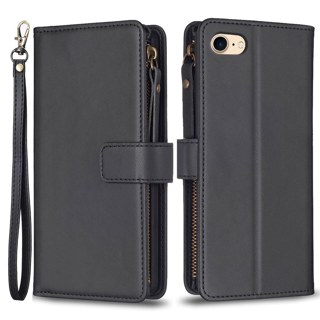 

BF Style-19 Für Iphone 6 / 6s / 7 / 8 / SE (2020) / SE (2022) PU Leather Hülle Reißverschluss Pocket Pocket Handy Stand Wallet Wallet Cover - Schwarz, iPhone 6 4.7-inch