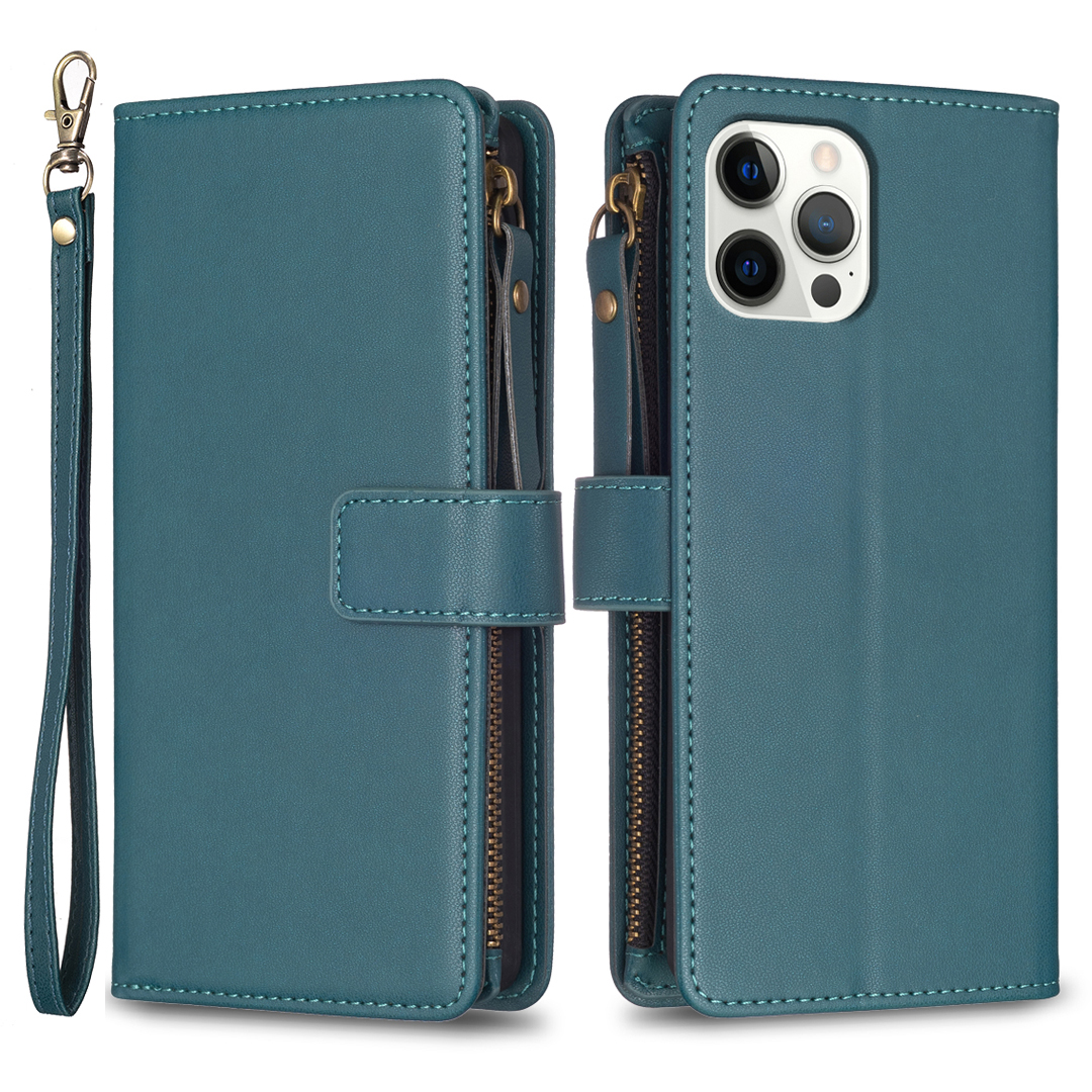 

BF Style-19 Für Iphone 12 Pro Max Reißverschluss Pocket Phone Hülle PU Leder Wallet Smartphone Cover - Grün, iPhone 12 Pro Max