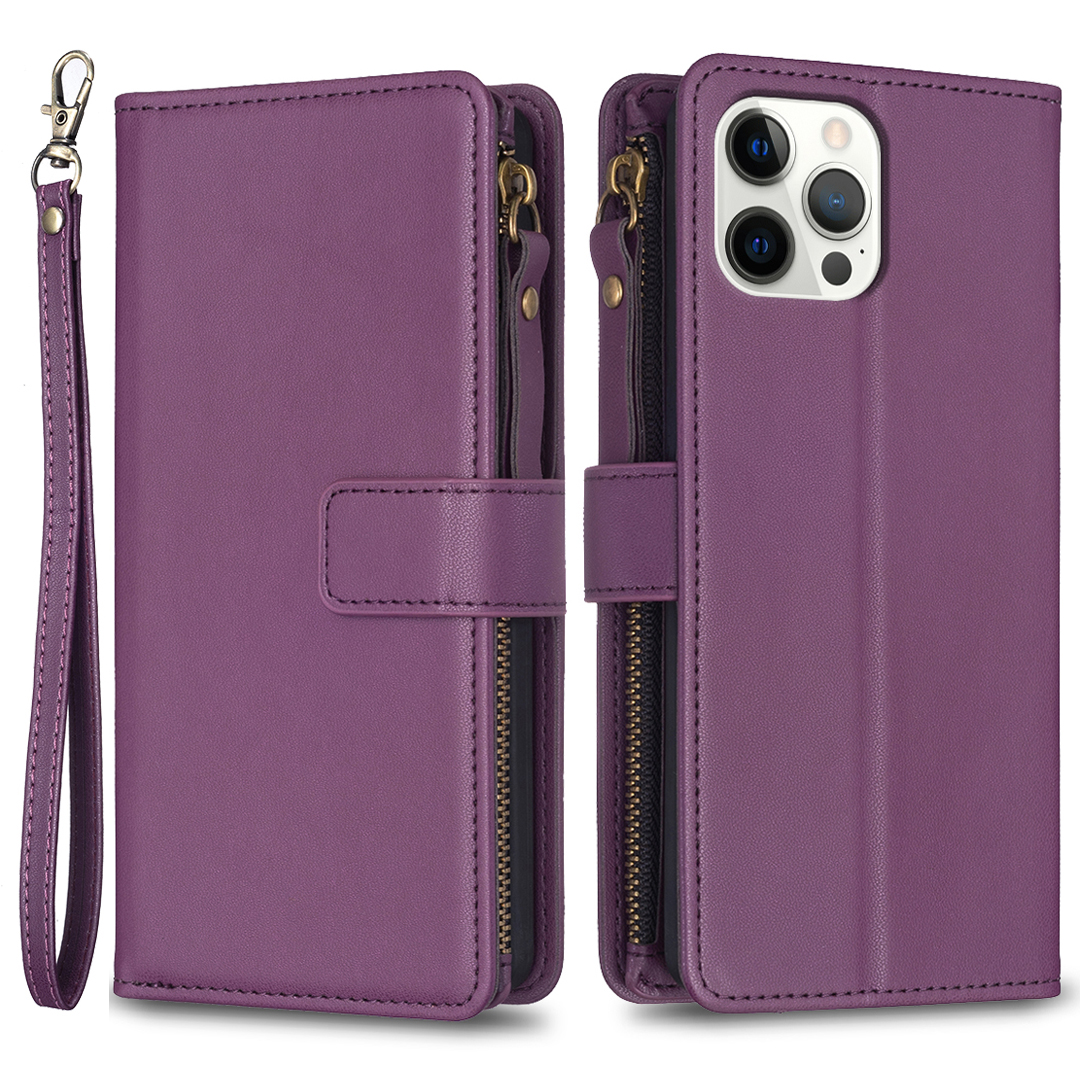 

BF Style-19 Für Iphone 12 Pro Max Reißverschluss Pocket Phone Hülle PU Leder Wallet Smartphone Cover - Dunkelviolett, iPhone 12 Pro Max