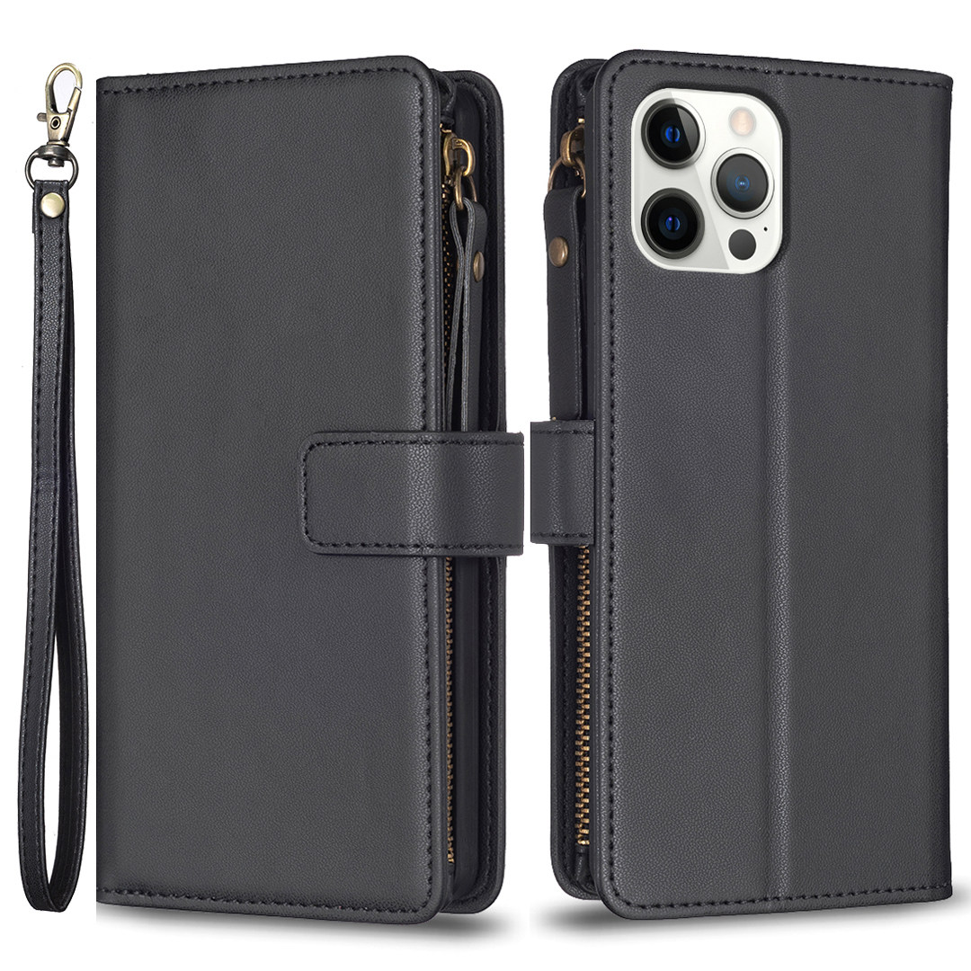 

BF Style-19 Für Iphone 12 Pro Max Reißverschluss Pocket Phone Hülle PU Leder Wallet Smartphone Cover - Schwarz, iPhone 12 Pro Max