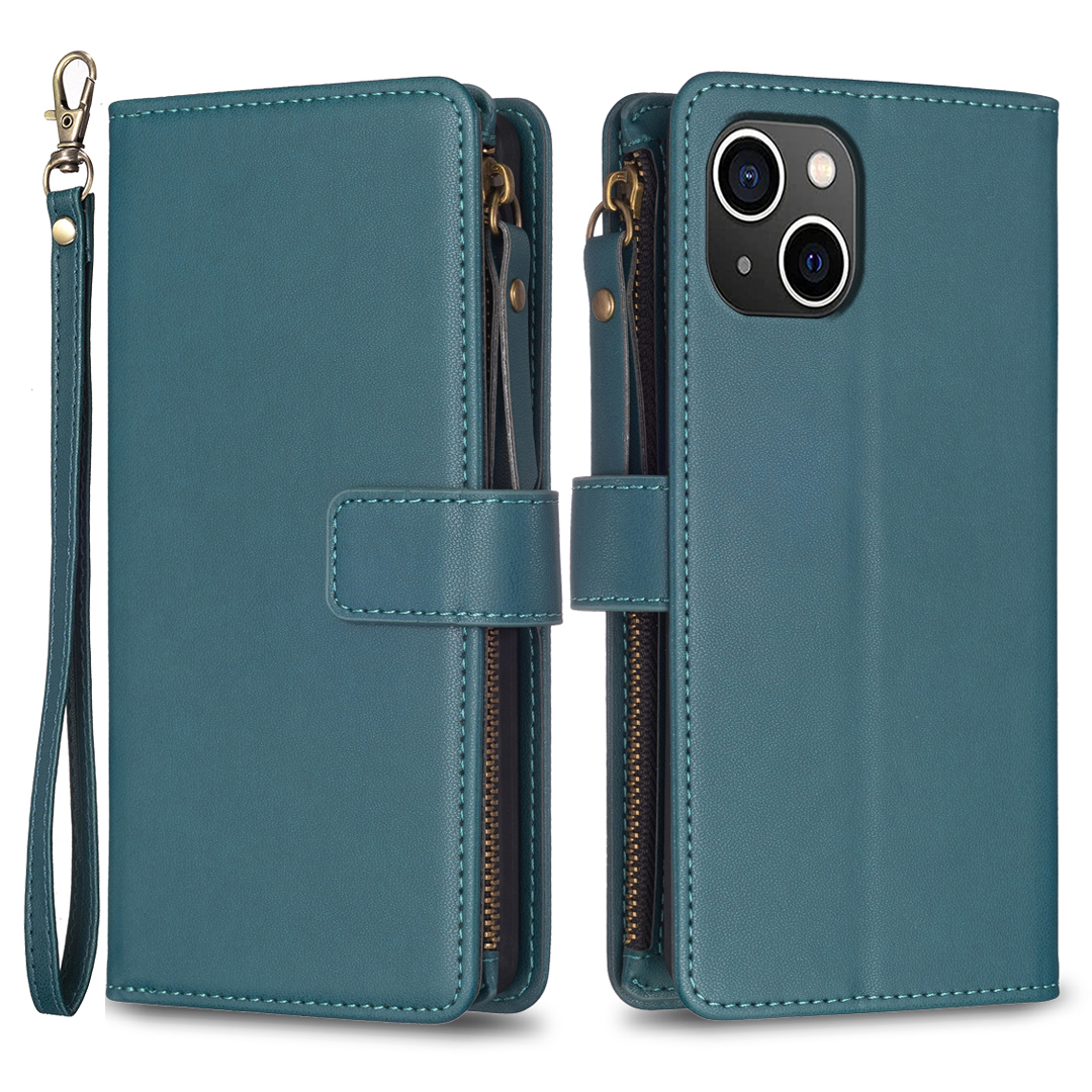 

BF Style-19 Reißverschluss Pocket Phone Hülle Für Iphone 13 / 14 Feste Farb -pu -lederständer Mit Riemen - Grün, iPhone 13