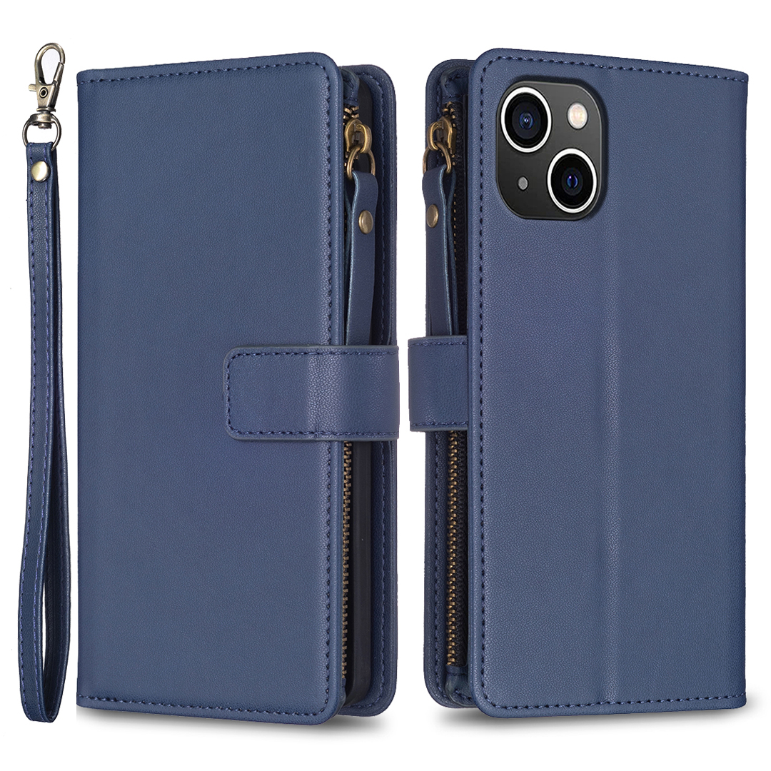

BF Style-19 Reißverschluss Pocket Phone Hülle Für Iphone 13 / 14 Feste Farb -pu -lederständer Mit Riemen - Blau, iPhone 13