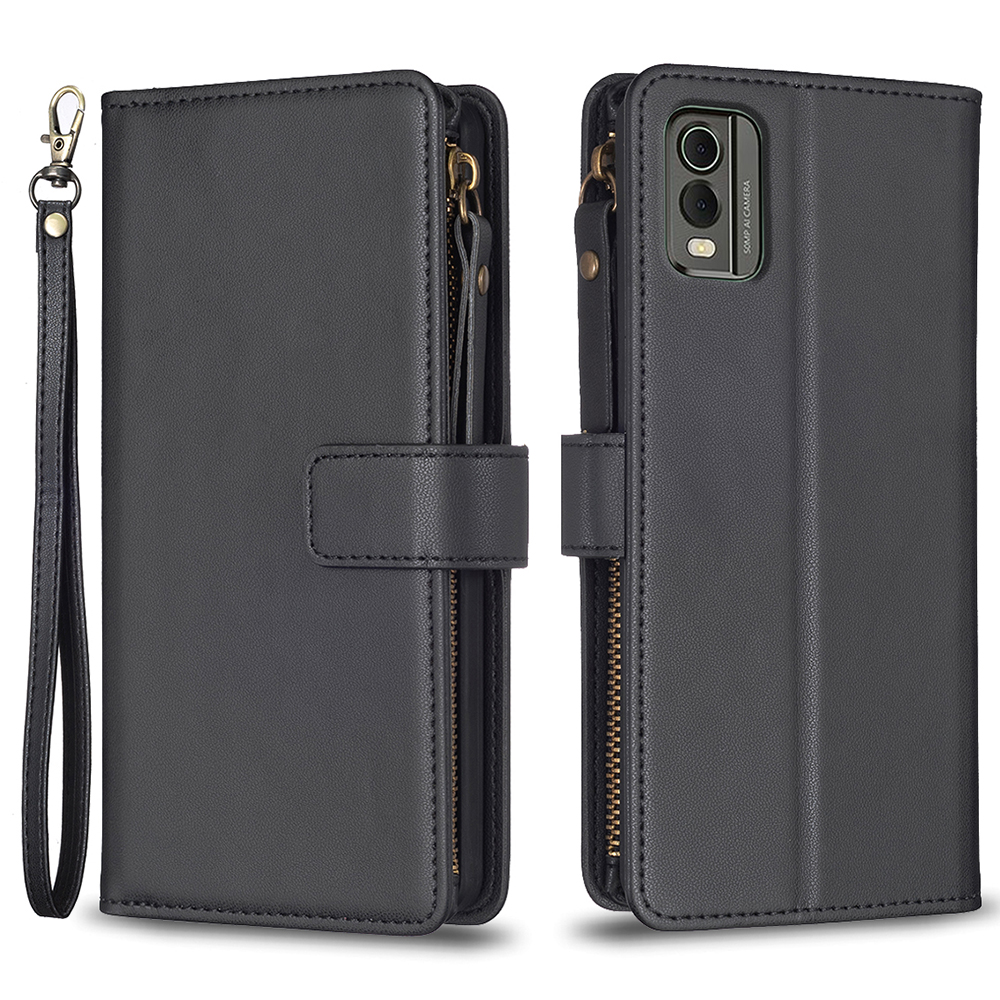 

BF Style-19 Für Nokia C32 Telefon Lederhülle Reißverschluss Taschenbrieftasche Anti-drop Stand Cover - Schwarz, Nokia C32
