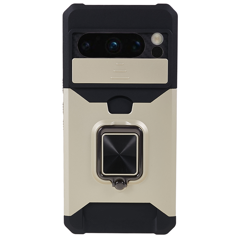 

Für Google Pixel 8 Pro Kickstand Case Cardhalter PC+TPU -telefonabdeckung Mit Slide Linsen Protector - Gold, Google Pixel 8 Pro