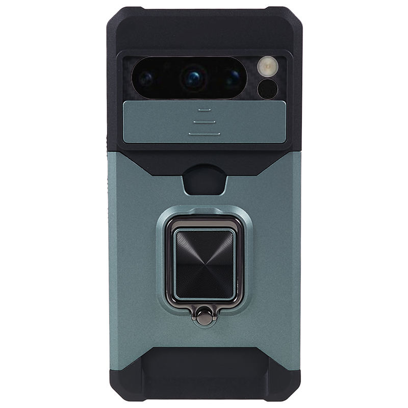 

Für Google Pixel 8 Pro Kickstand Case Cardhalter PC+TPU -telefonabdeckung Mit Slide Linsen Protector - Schwarzgrün, Google Pixel 8 Pro