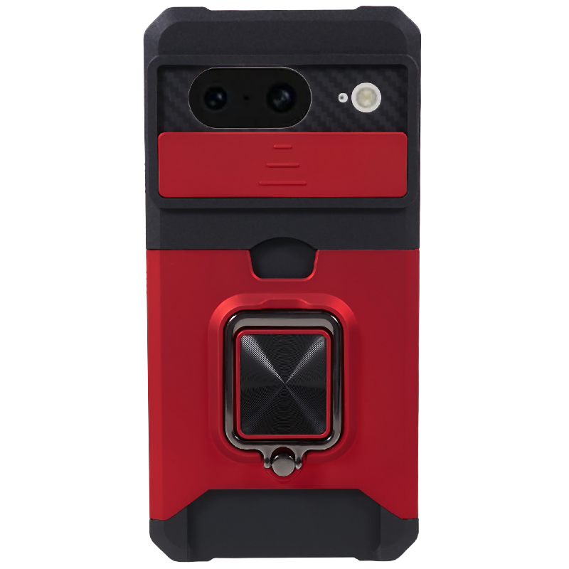 

Für Google Pixel 8 Kartenhalter Kickstand Telefonhülle Dia -objektivschutz PC+TPU -telefonabdeckung - Rot, Google Pixel 8