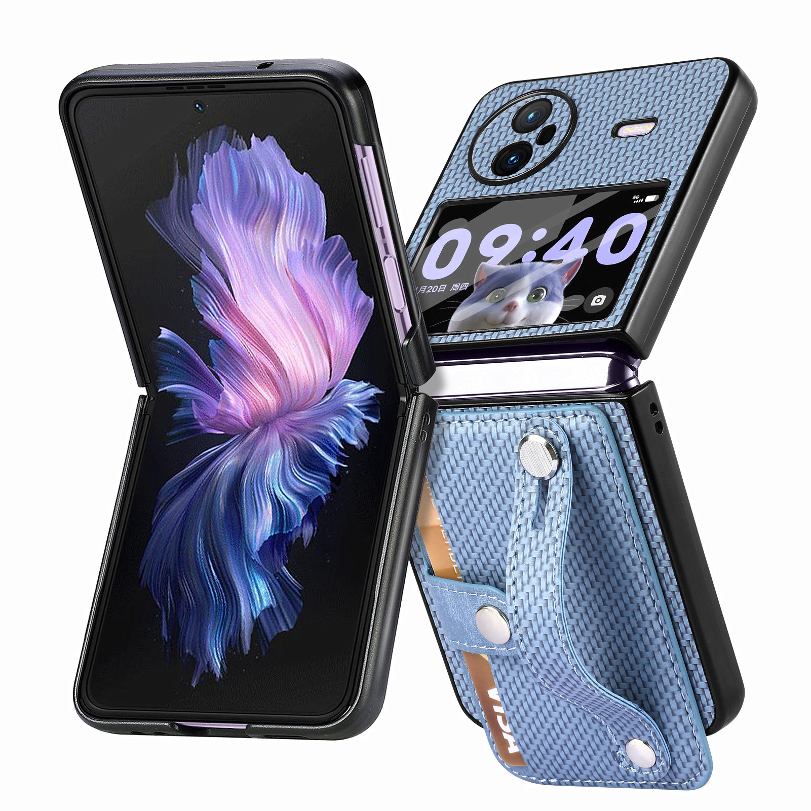 

Für Vivo X Flip Carbonfaser Textur PU Leder + PC Phone Hülle Kickstand -kartenhalter Cover Mit Kleinem Screenfilm - Blau, vivo X Flip