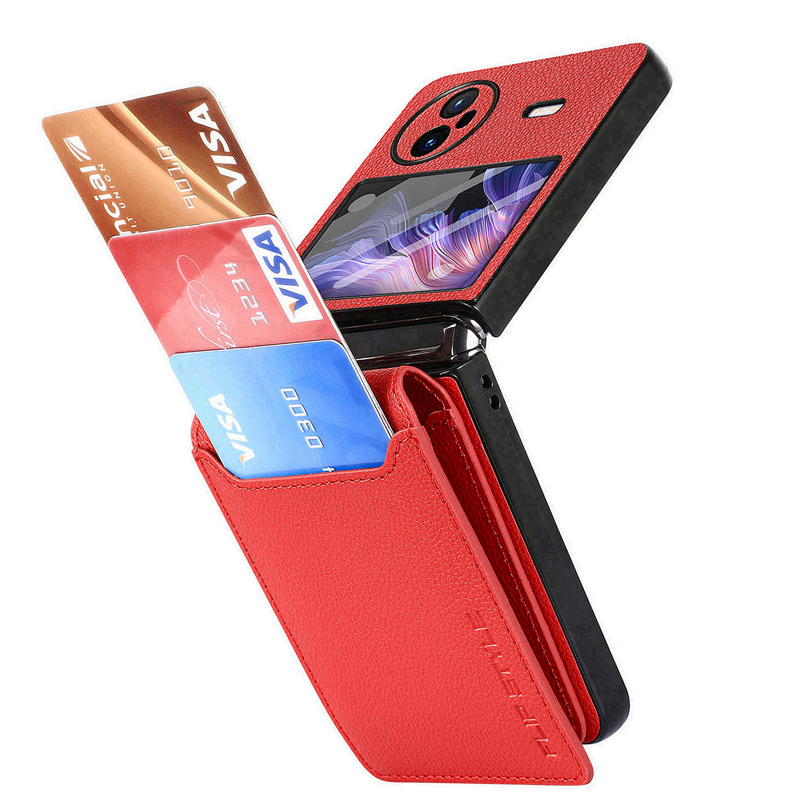 

Für Vivo X Flip PU Leder + PC Telefon Hülle Litchi Textur Kickstand -karten -slot -cover Mit Kleinem Siebfilm - Rot, vivo X Flip