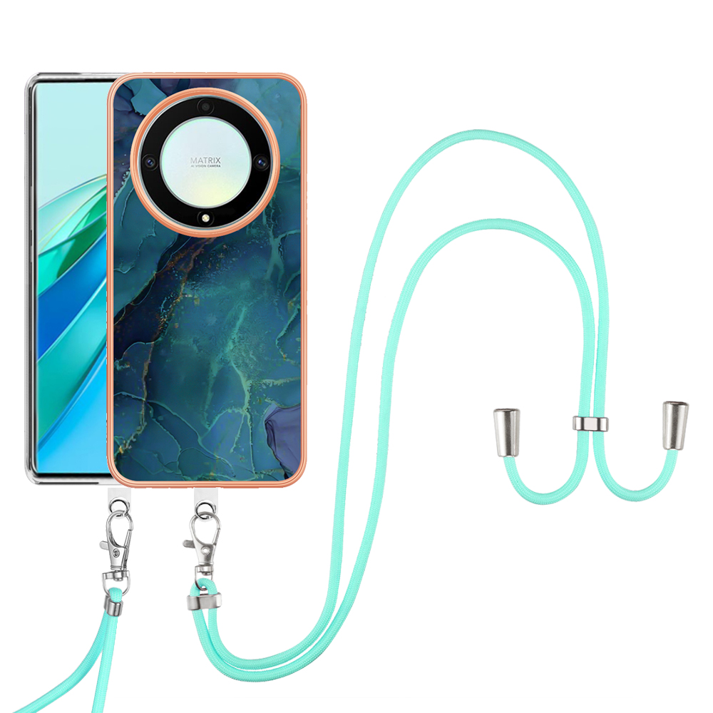 

YB IMD Series-18 Style E Elektroplatten Telefonhülle Für Honor X9a 5g / Magic5 Lite 5g, 2,0 mm TPU Marmormuster Cover Mit Lanyard - Grün, Honor X9a 5G