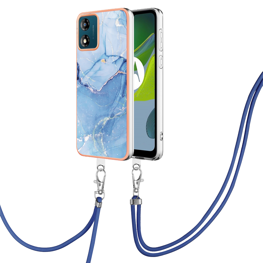 

YB IMD Series-18 Style E Für Motorola Moto E13 4G Marmormuster Phone Hülle 2,0 mm TPU Schockfeste Abdeckung Mit Lanyard - Blau, Motorola Moto E13 4G