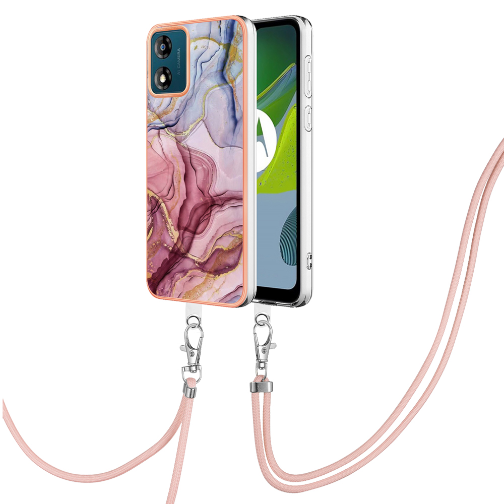 

YB IMD Series-18 Style E Für Motorola Moto E13 4G Marmormuster Phone Hülle 2,0 mm TPU Schockfeste Abdeckung Mit Lanyard - Roségold, Motorola Moto E13 4G
