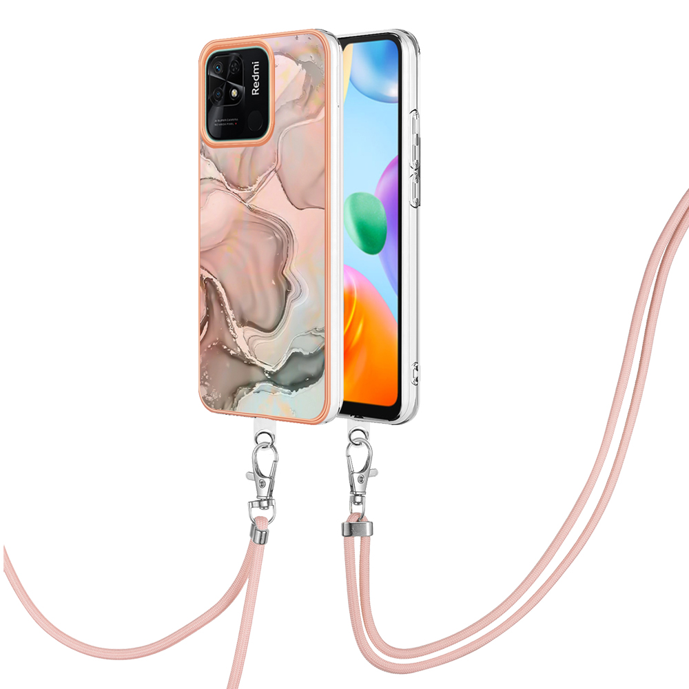 

YB IMD Series-18 Style E Für Xiaomi Redmi 10c 4G Marmormuster Schlankes Gehäuse Elektroplatten 2,0 mm Tpu-telefonabdeckung Mit Lanyard - Rosa, Xiaomi Redmi 10C 4G