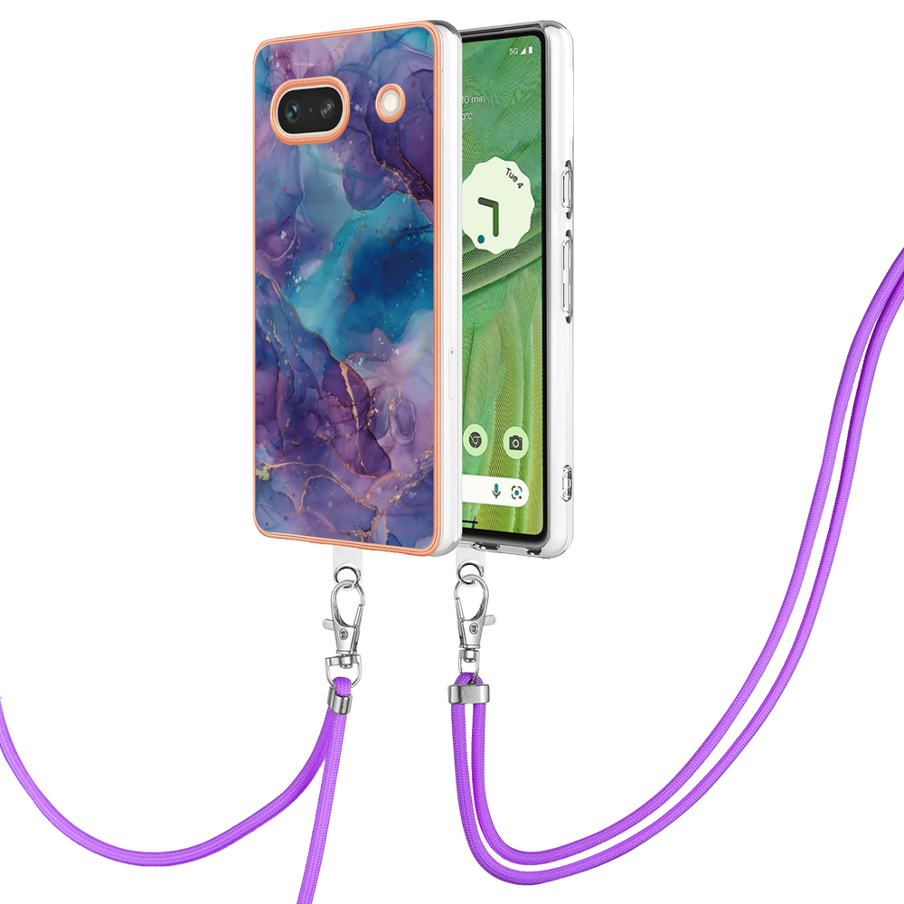 

YB IMD Series-18 Style E Für Google Pixel 7a Marmormuster Elektroplating 2,0 mm Tpu-stoßdämpfung Telefonabdeckung Mit Lanyard - Lila, Google Pixel 7a
