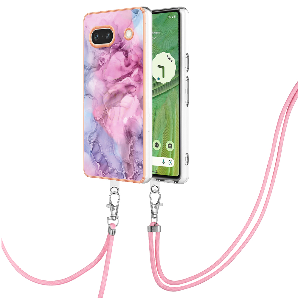 

YB IMD Series-18 Style E Für Google Pixel 7a Marmormuster Elektroplating 2,0 mm Tpu-stoßdämpfung Telefonabdeckung Mit Lanyard - Rose, Google Pixel 7a