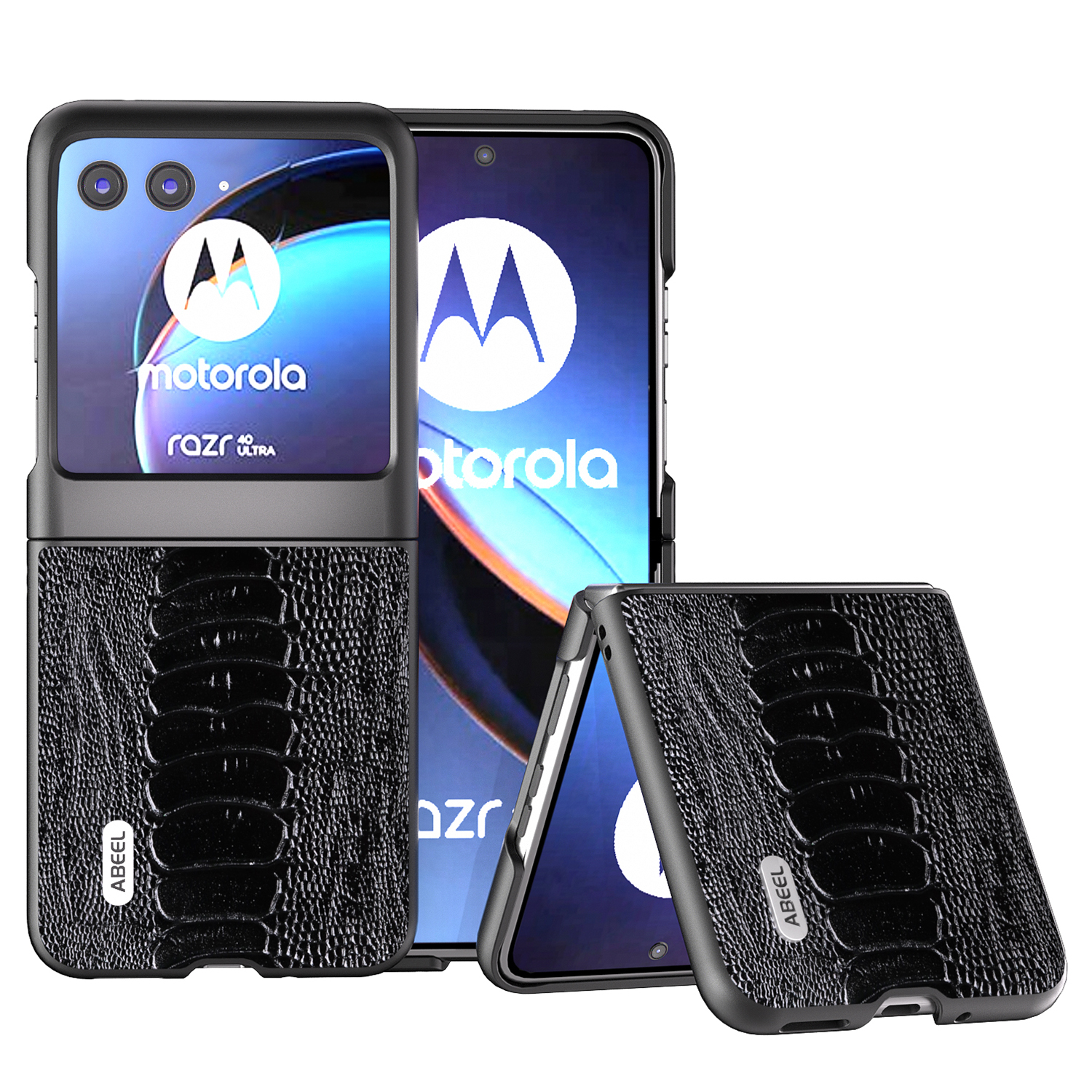 

ABEEL Für Motorola Razr 40 Ultra 5G Schockdes Telefongehäuse Echtes Kuhleder+pc Krokodil Texturabdeckung - Schwarz, Motorola Razr 40 Ultra 5G