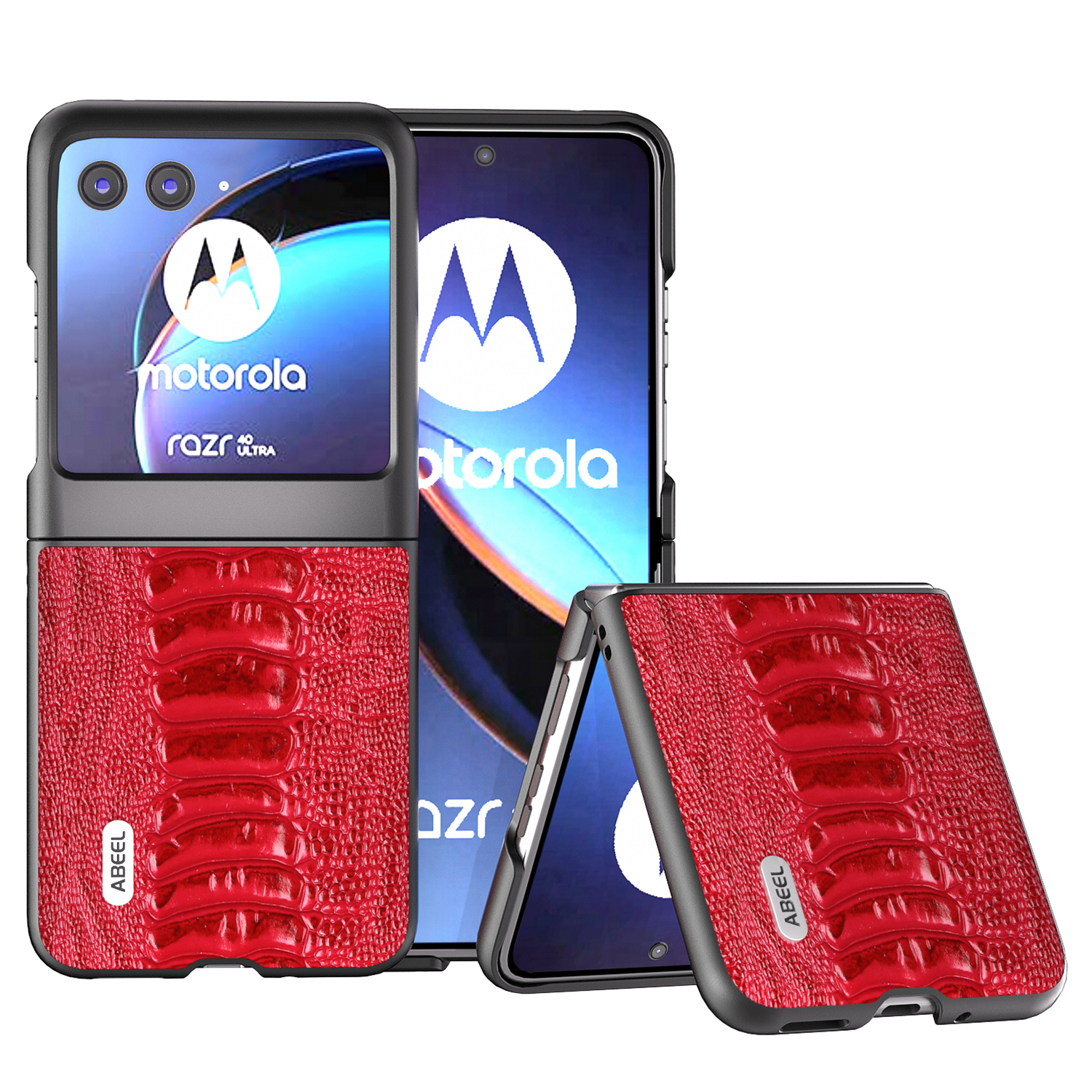 

ABEEL Für Motorola Razr 40 Ultra 5G Schockdes Telefongehäuse Echtes Kuhleder+pc Krokodil Texturabdeckung - Rot, Motorola Razr 40 Ultra 5G
