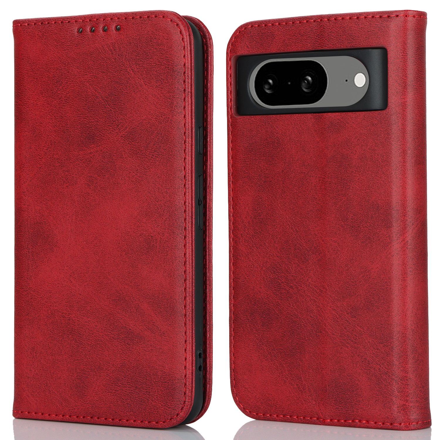

PU Leather Hülle Für Google Pixel 8 Schockfestes Kalb Textur Stand Wallet Telefonabdeckung - Rot, Google Pixel 8