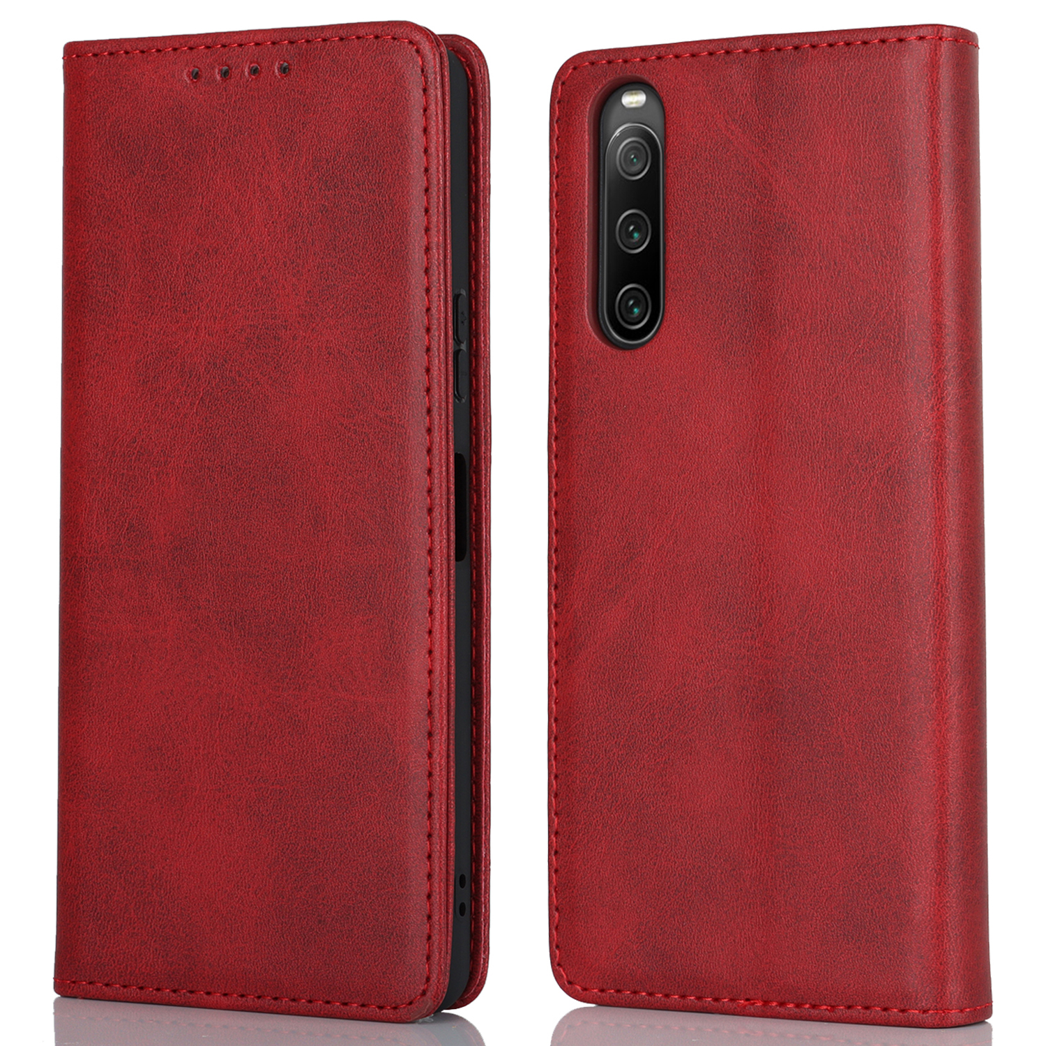 

PU Leder Hülle Für Sony Xperia 10 V Kratzfestes Kalbstextur Stand Wallet Telefonabdeckung - Rot, Sony Xperia 10 V
