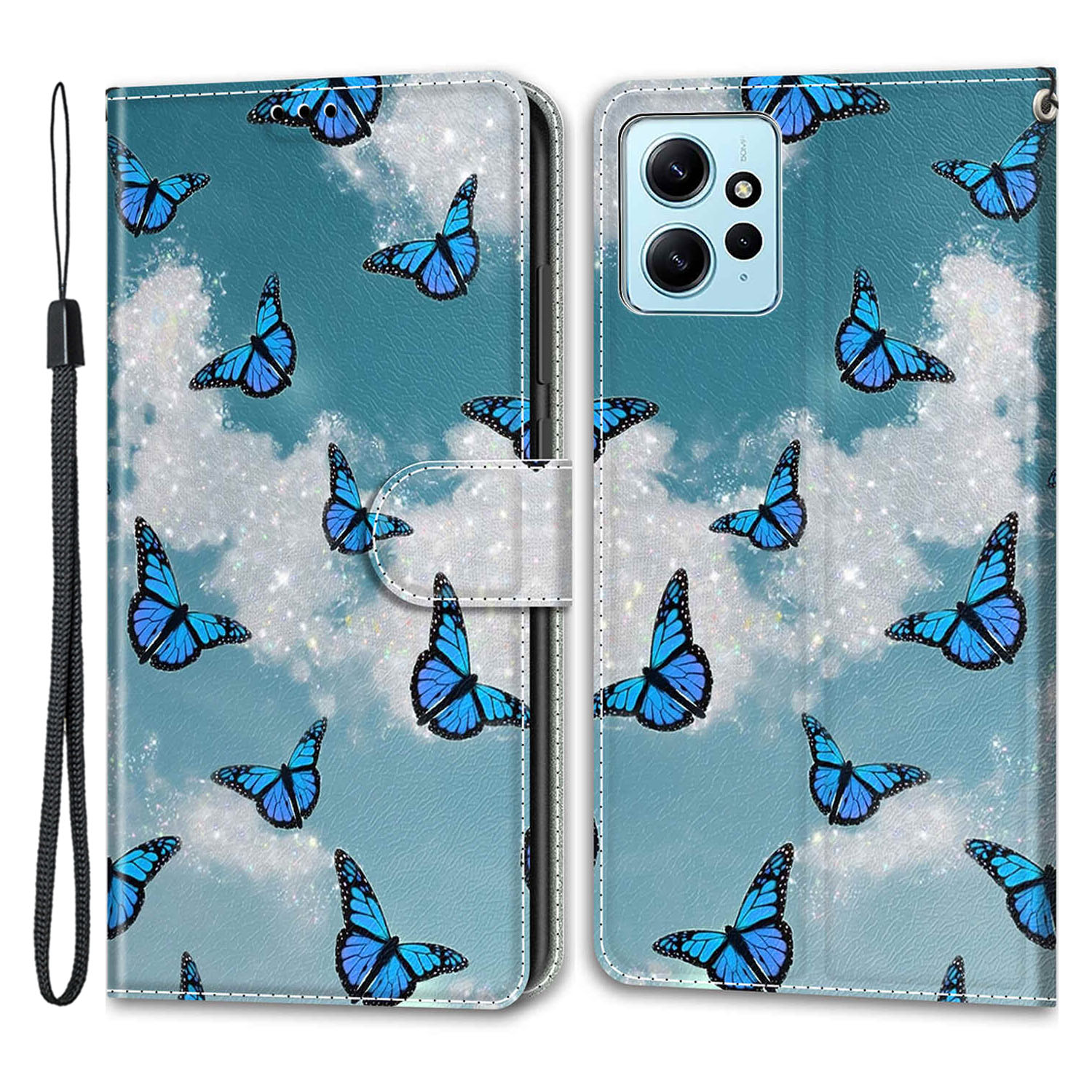 

Für Xiaomi Redmi Note 12 4G Muster Bedrucktes PU Leder -handy -kartonhalterhalter Cover Mit Riemen - Weisse Wolke / Blaue Schmetterlinge, Xiaomi Redmi Note 12 4G