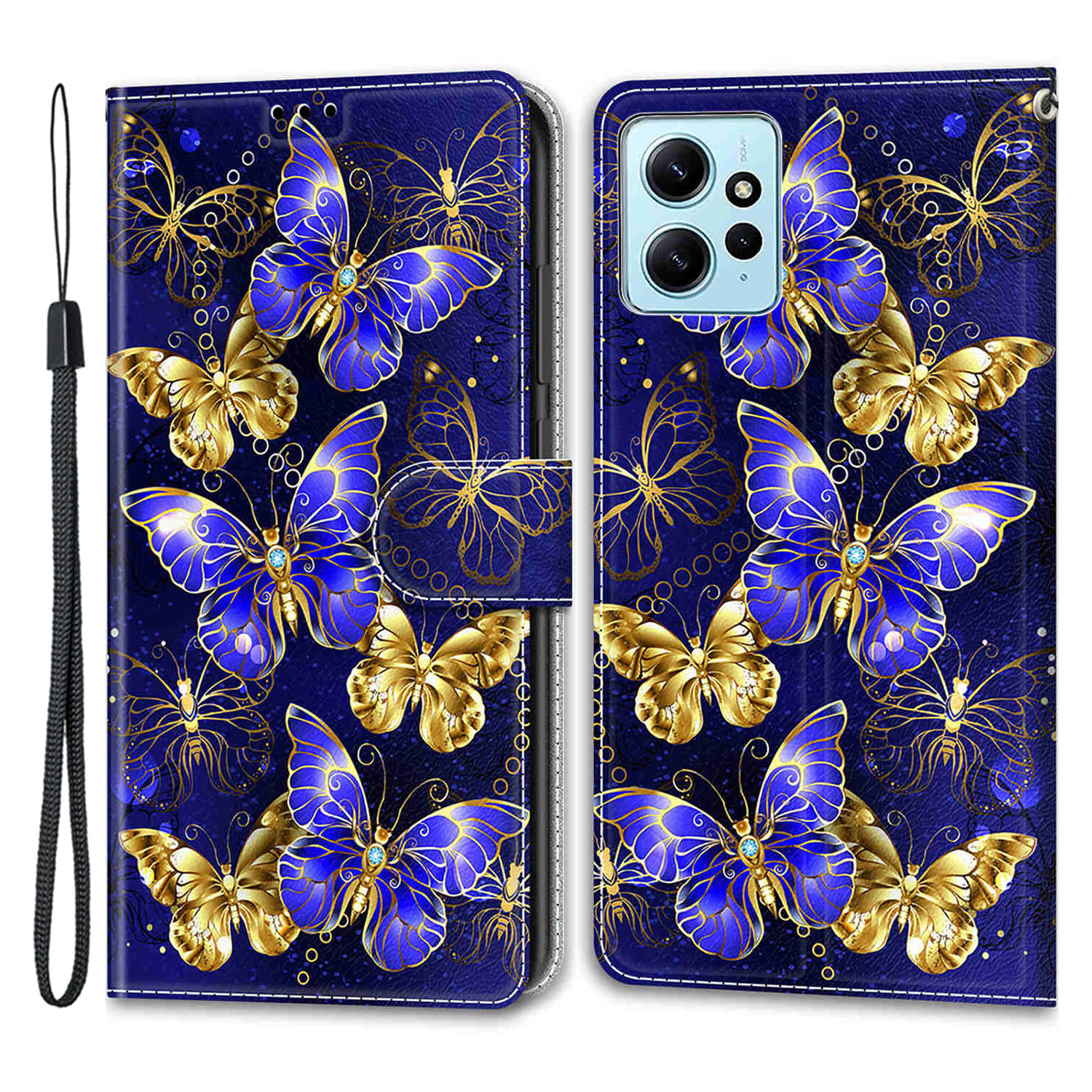 

Für Xiaomi Redmi Note 12 4G Muster Bedrucktes PU Leder -handy -kartonhalterhalter Cover Mit Riemen - Blaue Rose / Goldener Schmetterling, Xiaomi Redmi Note 12 4G