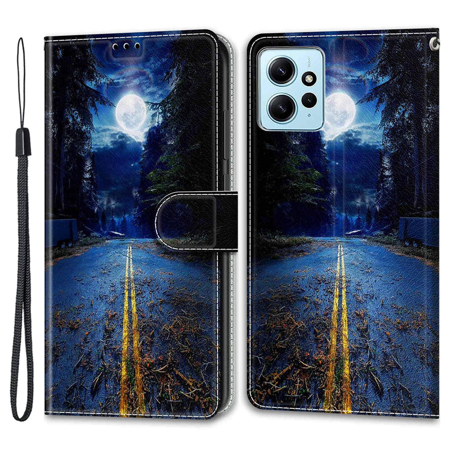 

Für Xiaomi Redmi Note 12 4G Muster Bedrucktes PU Leder -handy -kartonhalterhalter Cover Mit Riemen - Nachtstraße / Mond, Xiaomi Redmi Note 12 4G