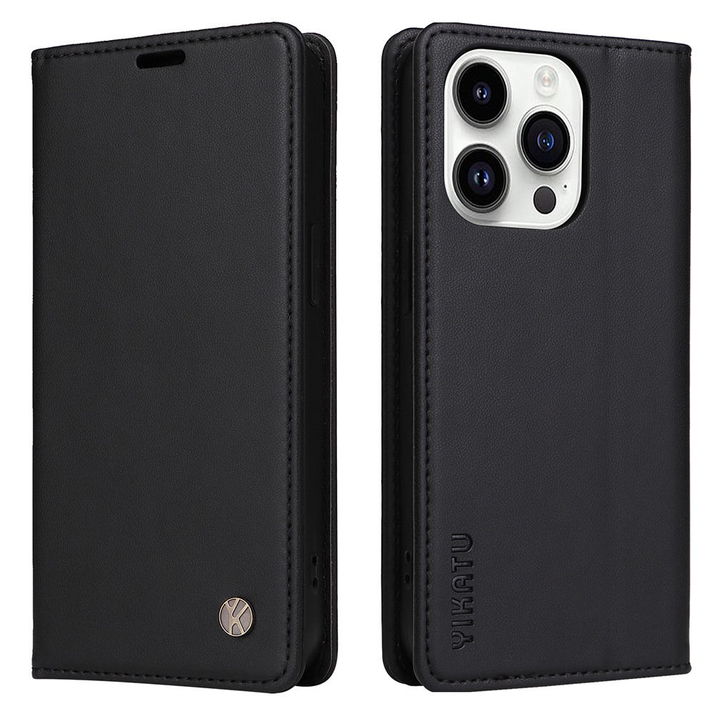 

Yikatu YK-001 Für Iphone 15 Pro PU Leder Brieftasche Telefonabdeckung Magnetischer Schließspurständer Hülle - Schwarz, iPhone 15 Pro
