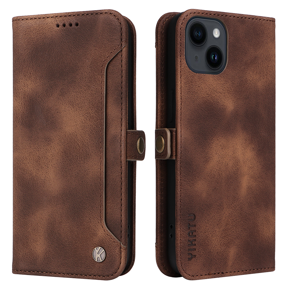 

Yikatu YK-002 Für Iphone 15 PU Leder Brieftaschenhülle Flipständer Telefonabdeckung Mit Äußerer Kartensteckplatz - Braun, iPhone 15