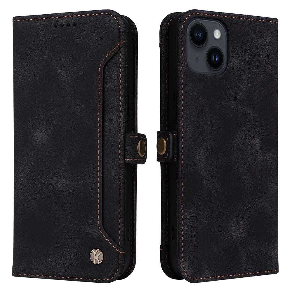 

Yikatu YK-002 Für Iphone 15 PU Leder Brieftaschenhülle Flipständer Telefonabdeckung Mit Äußerer Kartensteckplatz - Schwarz, iPhone 15