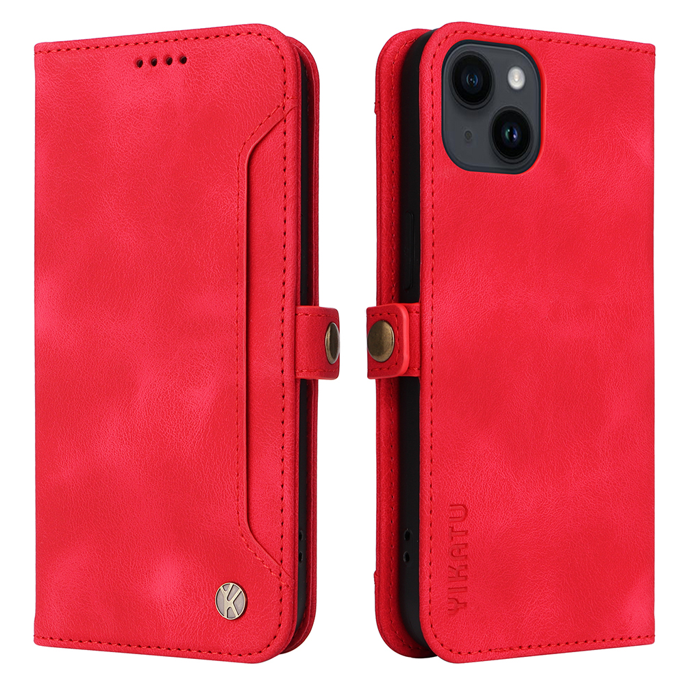 

Yikatu YK-002 Für Iphone 15 PU Leder Brieftaschenhülle Flipständer Telefonabdeckung Mit Äußerer Kartensteckplatz - Rot, iPhone 15
