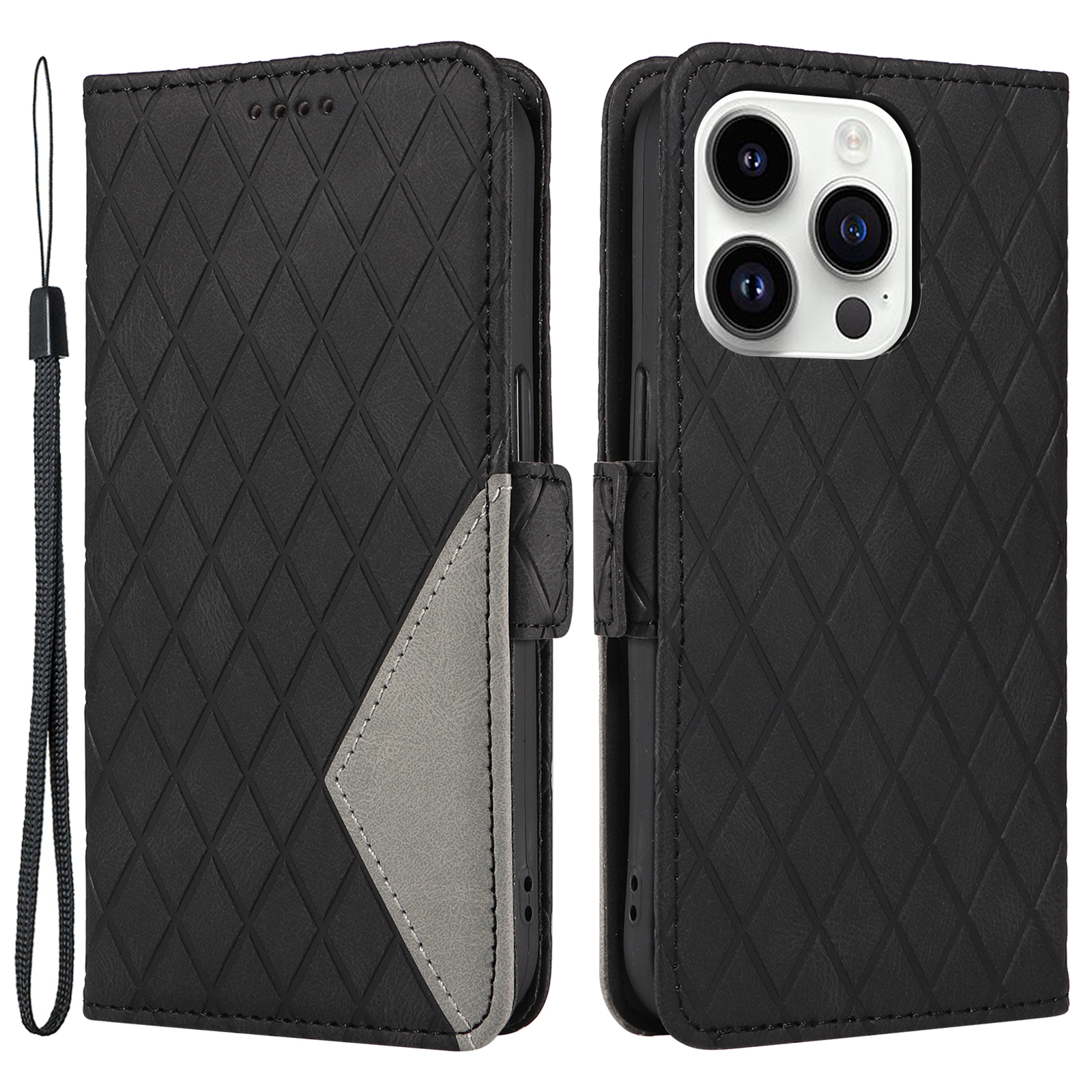 

Für Iphone 15 Pro Max Rhombus Eingeprägte Brieftaschenhilfepulen PU -leder -ständer Cover - Schwarz, iPhone 15 Pro Max