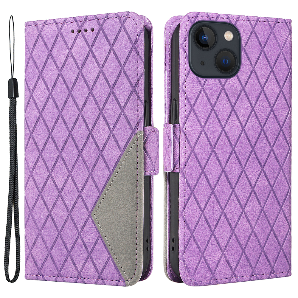 

Für Das Iphone 15 Rhombus-gedruckte Telefonhülle PU Leder Brieftasche Anti-drop-abdeckung - Lila, iPhone 15