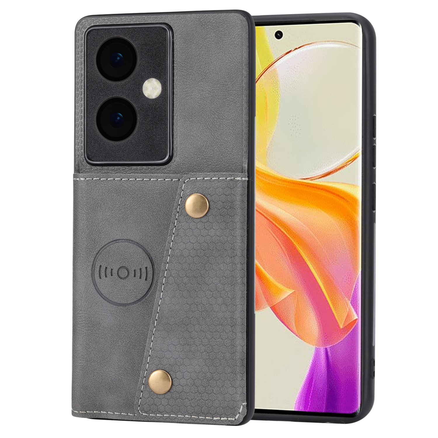 

Für Vivo Y78+ 5G PU Lederbeschichtete TPU -telefonabdeckung Drop Proof Kickstand Shell Mit Kartensteckplätzen - Grau, vivo Y78+ 5G
