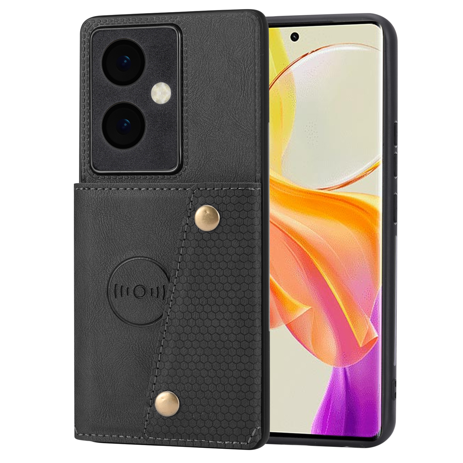 

Für Vivo Y78+ 5G PU Lederbeschichtete TPU -telefonabdeckung Drop Proof Kickstand Shell Mit Kartensteckplätzen - Schwarz, vivo Y78+ 5G