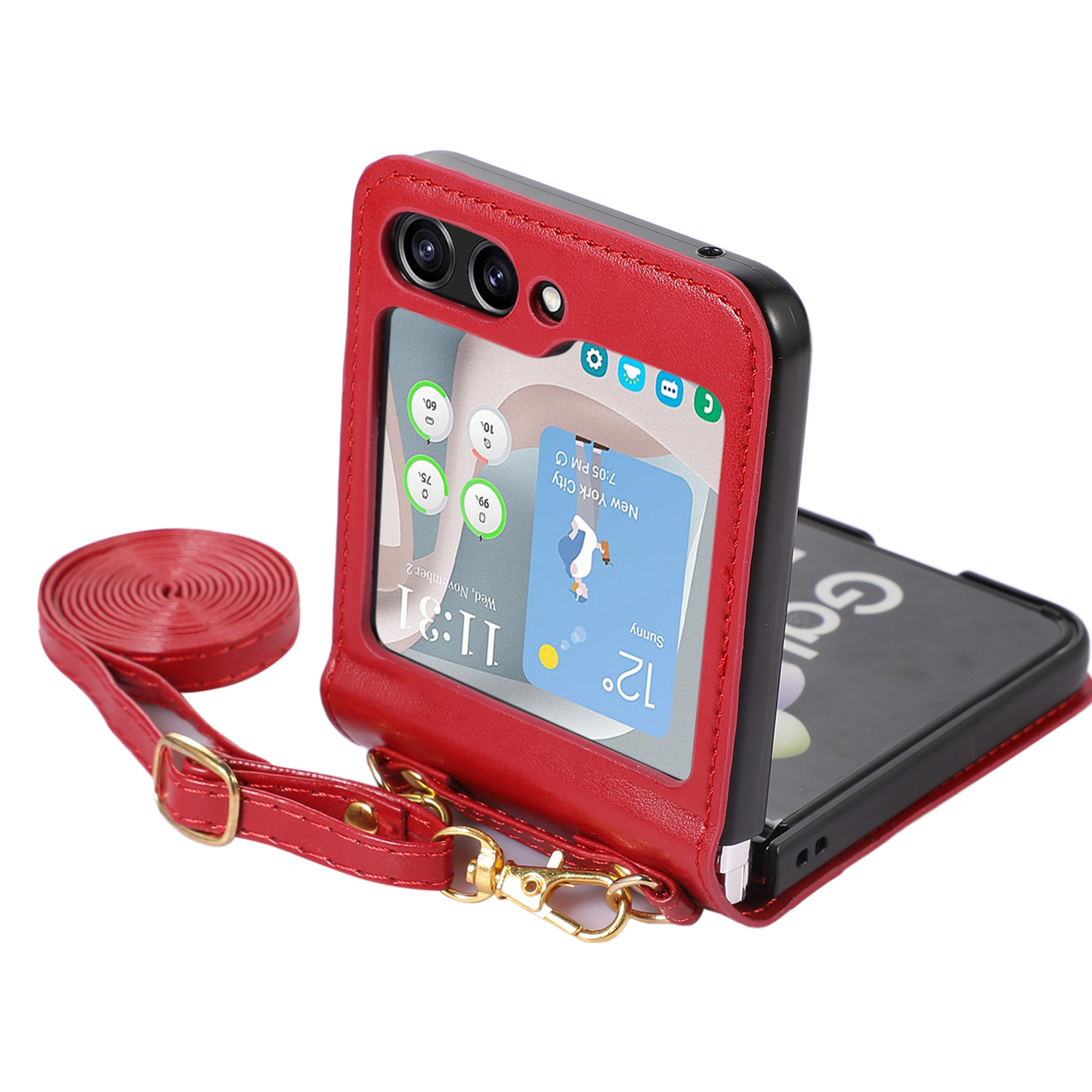 

Für Samsung Galaxy Z Flip5 5G PU Leder-pc-telefonhülle Anti-droge-schutzabdeckung Mit Schultergurt - Rot, Galaxy Z Flip5 5G