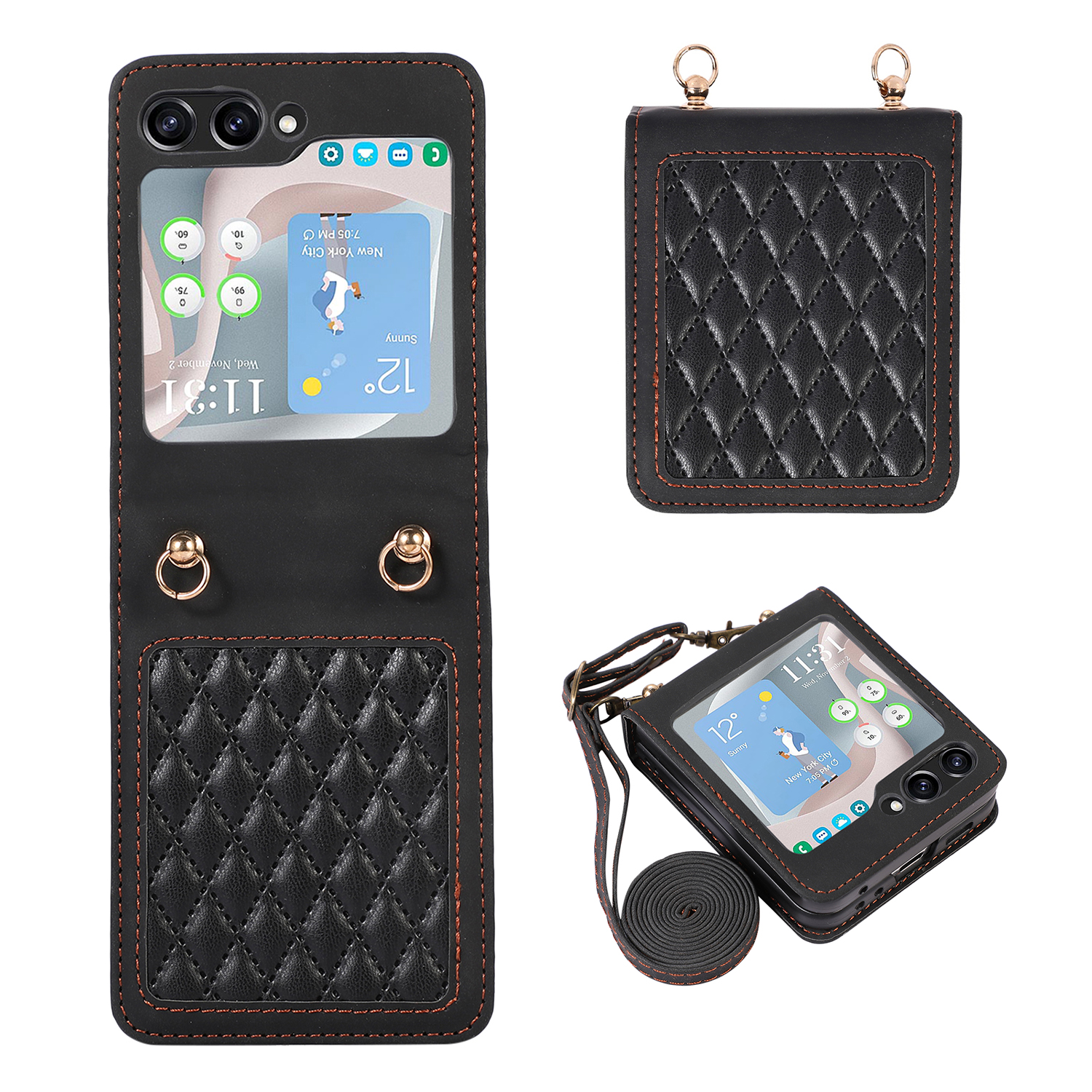 

Gitter Eingeprägter PU -leder -pc -hülle Für Samsung Galaxy Z Flip5 5G Schützende Telefonschale Mit Schultergurt - Schwarz, Galaxy Z Flip5 5G