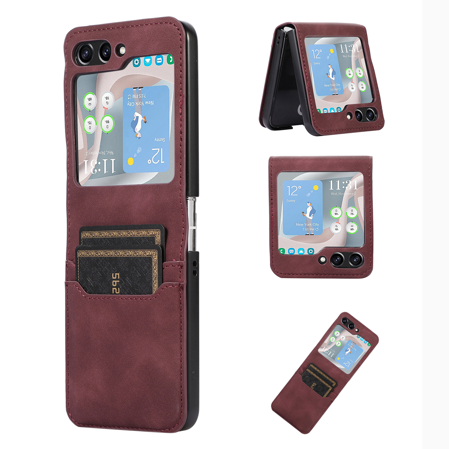 

Für Samsung Galaxy Z Flip5 5G Kartenschlitz Telefon Hülle Schockproof PU Leder -pc -telefonabdeckung - Weinrot, Galaxy Z Flip5 5G