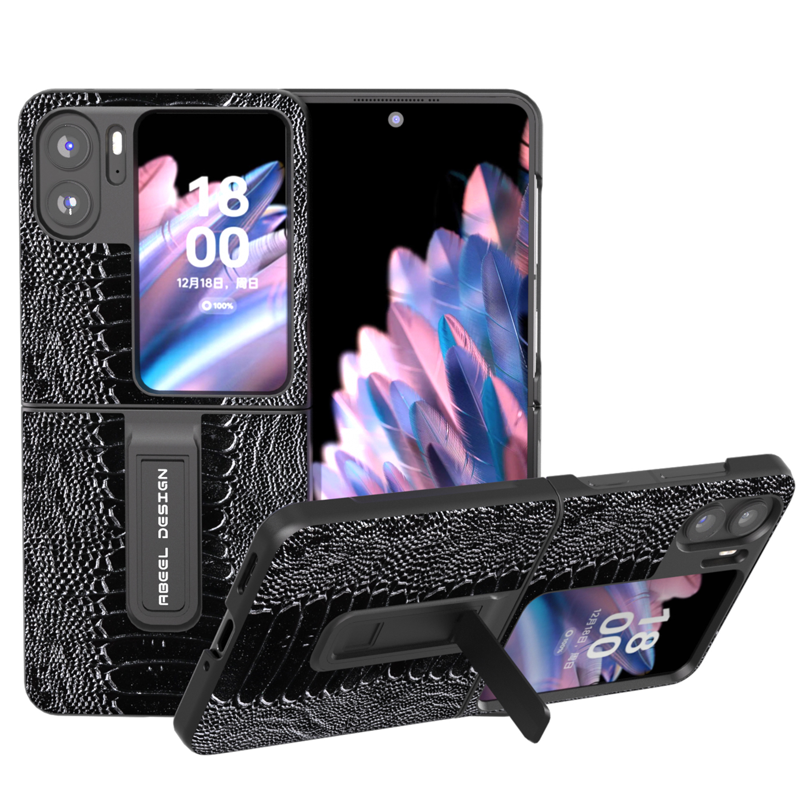 

Abeel Für Oppo Finden Sie N2 Flip 5G Crocodile Texture Phone Hülle Echte Kuhleder+pc -kickständer Cover - Schwarz, Oppo Find N2 Flip 5G
