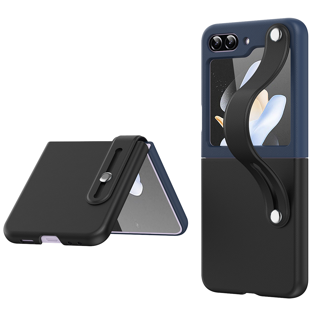 

Für Samsung Galaxy Z Flip5 5G Kontrastfarbe PU Leder -leder -pc -telefonhülle Handriemper - Schwarzbraunes Blau, Galaxy Z Flip5 5G