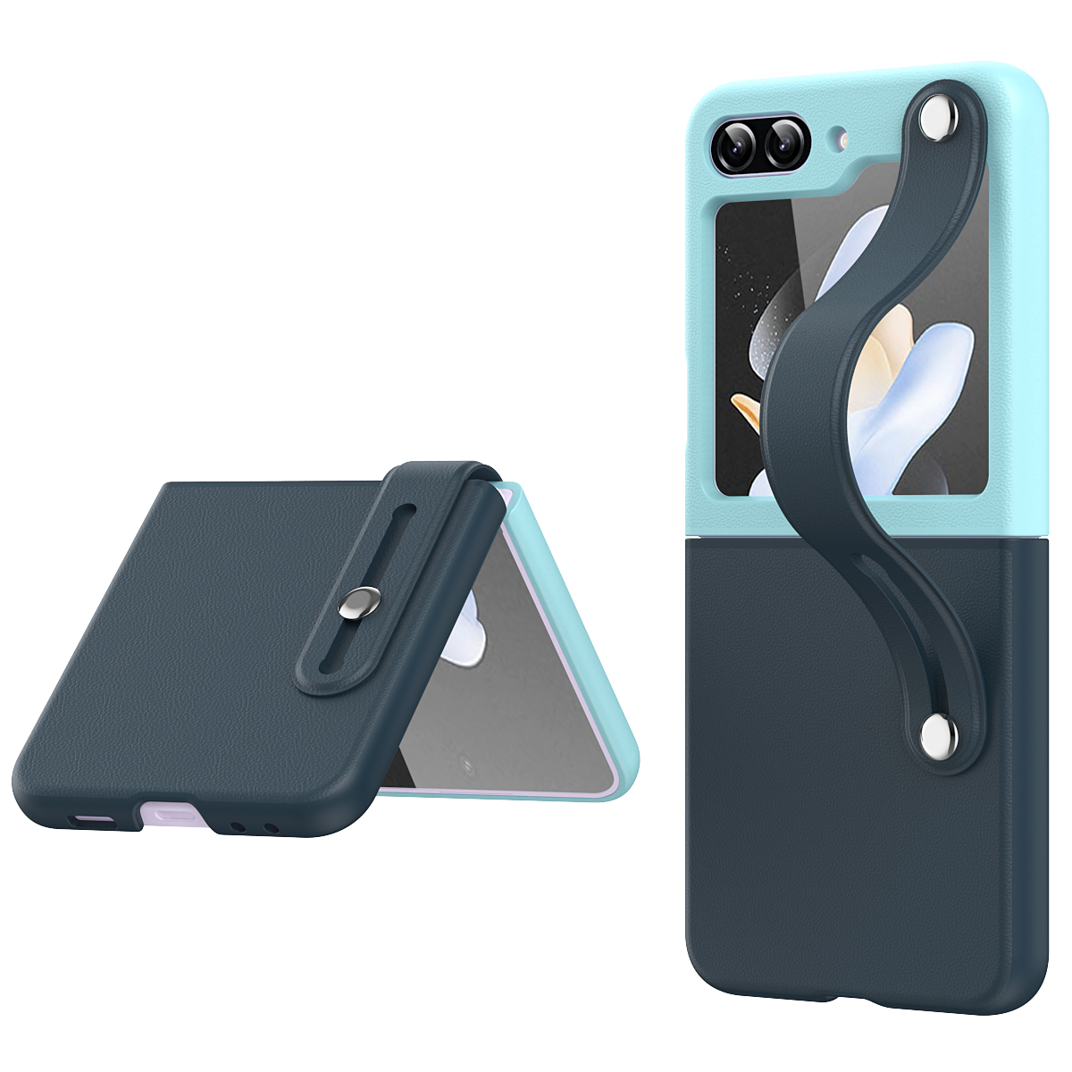 

Für Samsung Galaxy Z Flip5 5G Kontrastfarbe PU Leder -leder -pc -telefonhülle Handriemper - Dunkelblaues Eisblau, Galaxy Z Flip5 5G