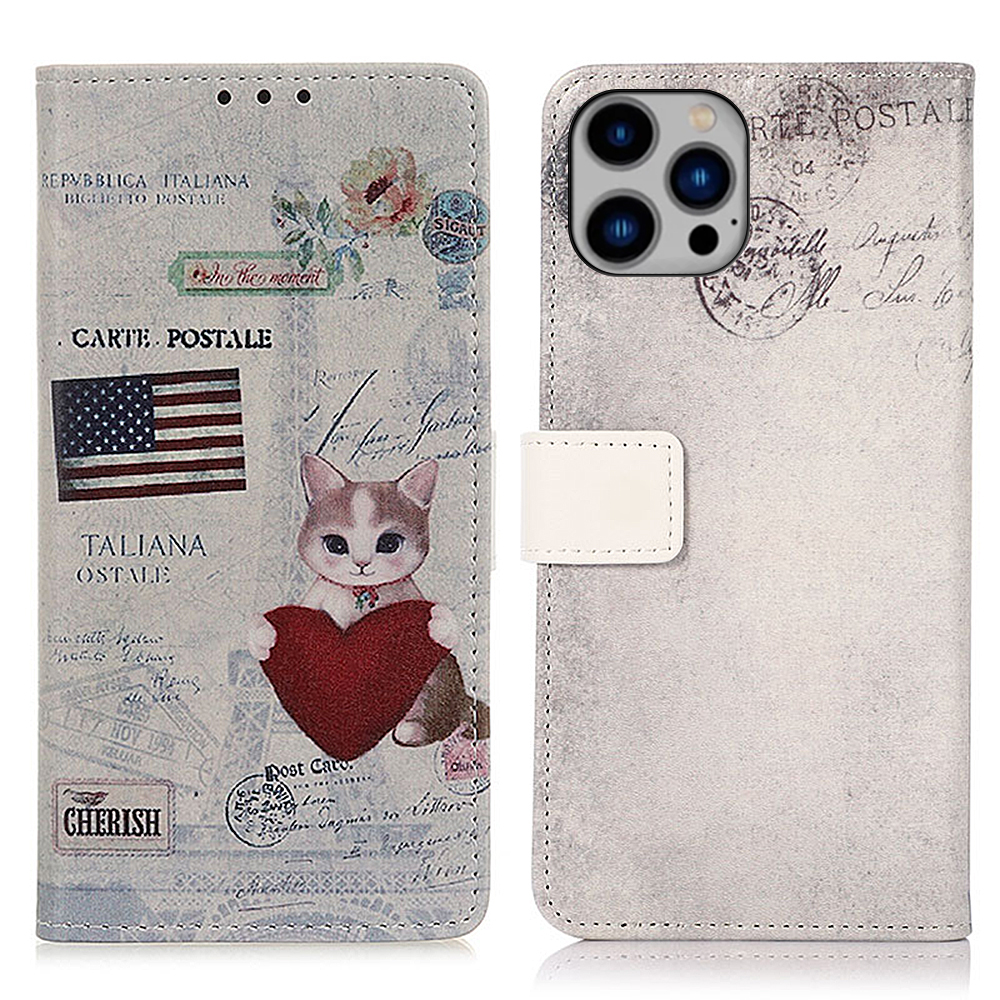

Für Das Iphone 15 Pro PU Leder Brieftaschenhülle Muster Druckständer Anti-drop-telefonabdeckung - Katze Und Herz, iPhone 15 Pro
