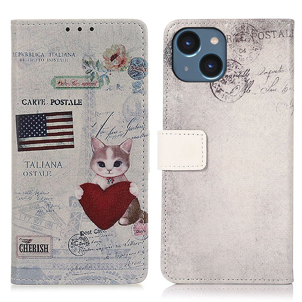 

PU Ledermuster Druckkoffer Für Iphone 15, Stand Wallet Wallet Full Protection Telefonabdeckung - Katze Und Herz, iPhone 15