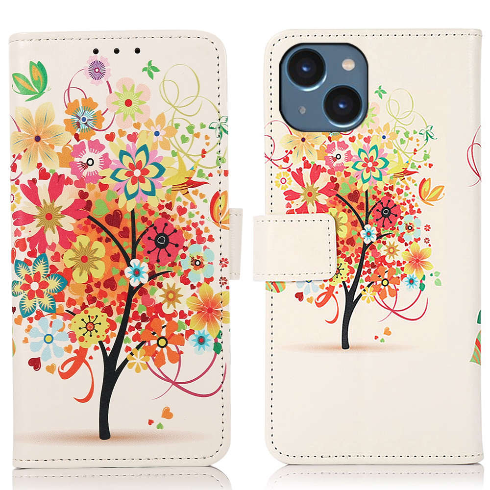 

PU Ledermuster Druckkoffer Für Iphone 15, Stand Wallet Wallet Full Protection Telefonabdeckung - Roter Baum, iPhone 15