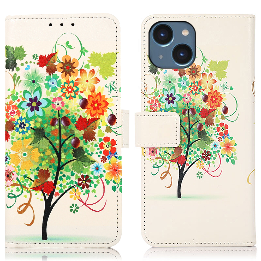 

PU Ledermuster Druckkoffer Für Iphone 15, Stand Wallet Wallet Full Protection Telefonabdeckung - Obstbaum, iPhone 15