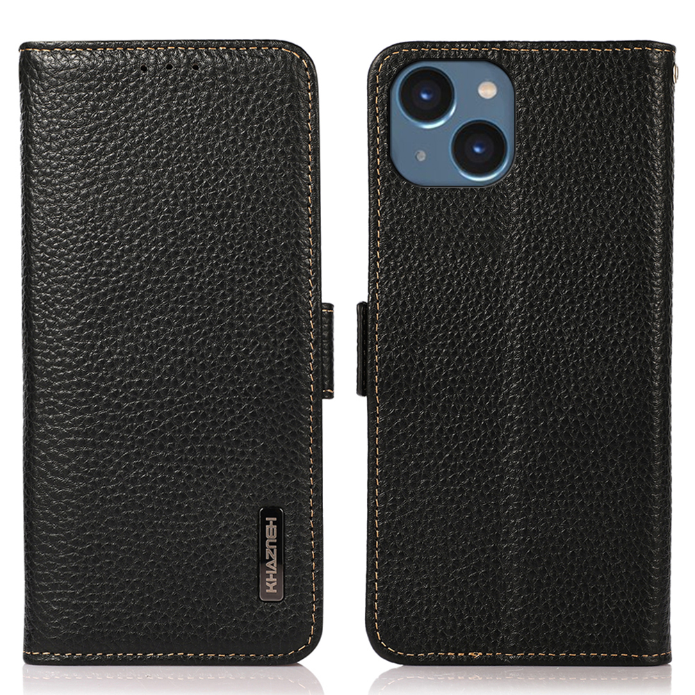 

Khazneh Für Iphone 15 Echte Kuh Leder -telefonabdeckung Ständer RFID Blockierende Smartphone -hülle - Schwarz, iPhone 15