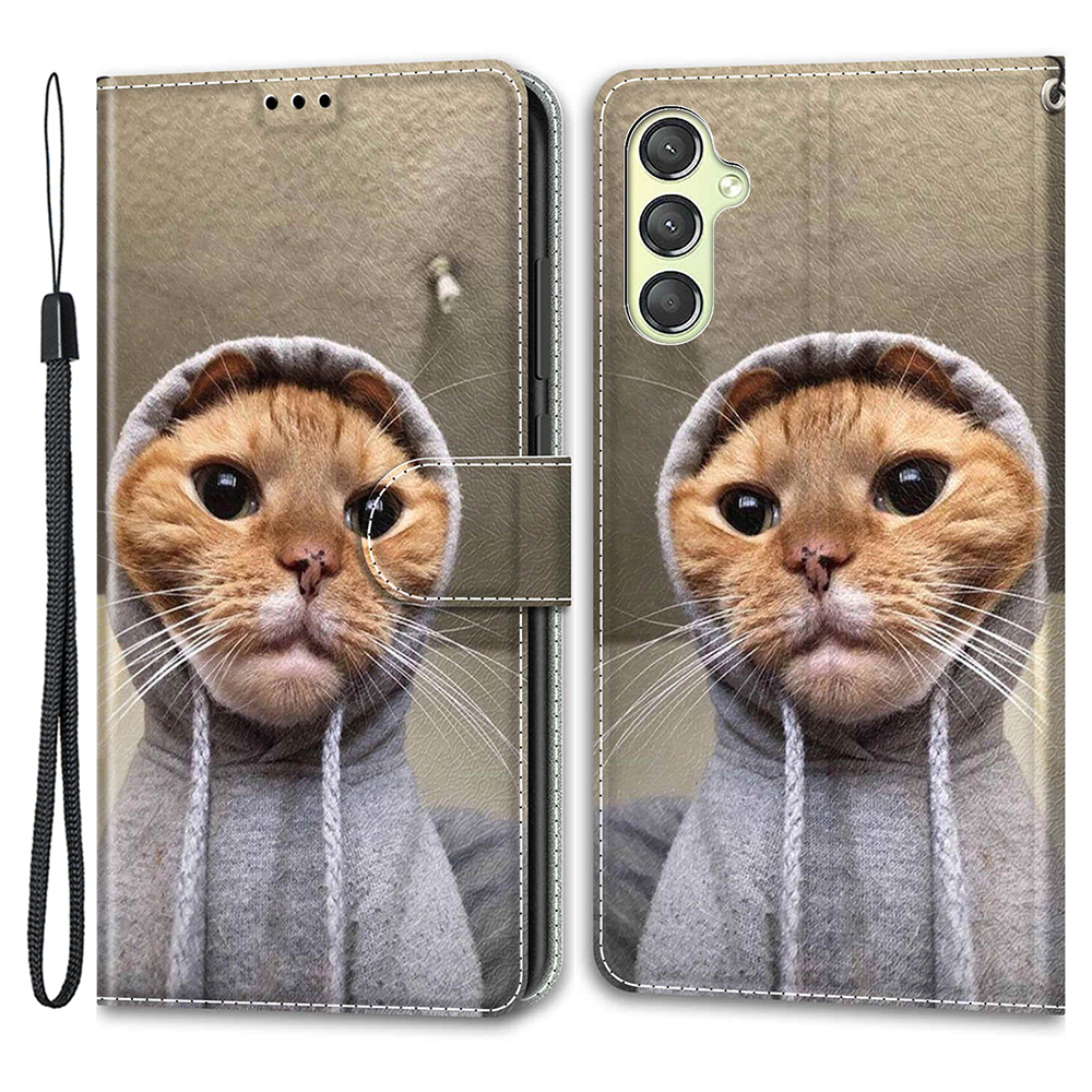 

Für Samsung Galaxy A24 4G Stand Phone Hoffnotterhalter PU Ledermuster Gedrucktes Abdeckung Mit Riemen - Gelbe Katze / Pullover, Galaxy A24 4G